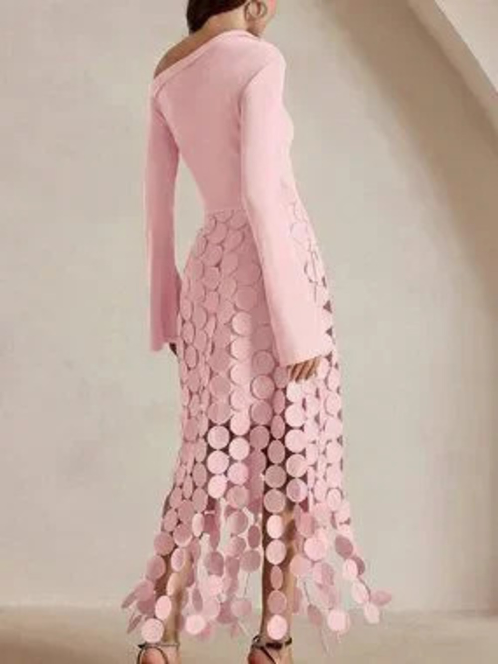 ZARA Baby Pink Elegant Women's Slit Shoulder Long Sleeve Tassel Dress